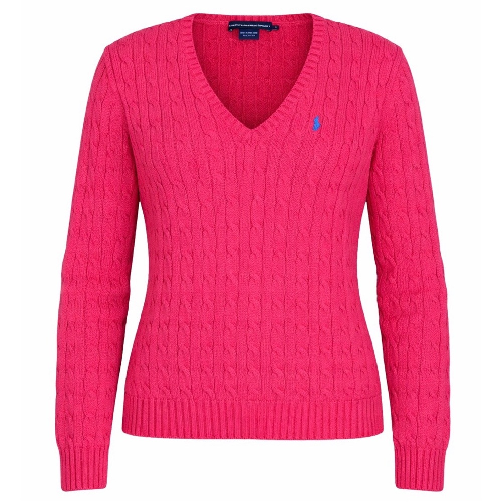 Ralph Lauren Sport Sweater XL Pink Red Cable Knit V-Neck Pullover Y2K Preppy